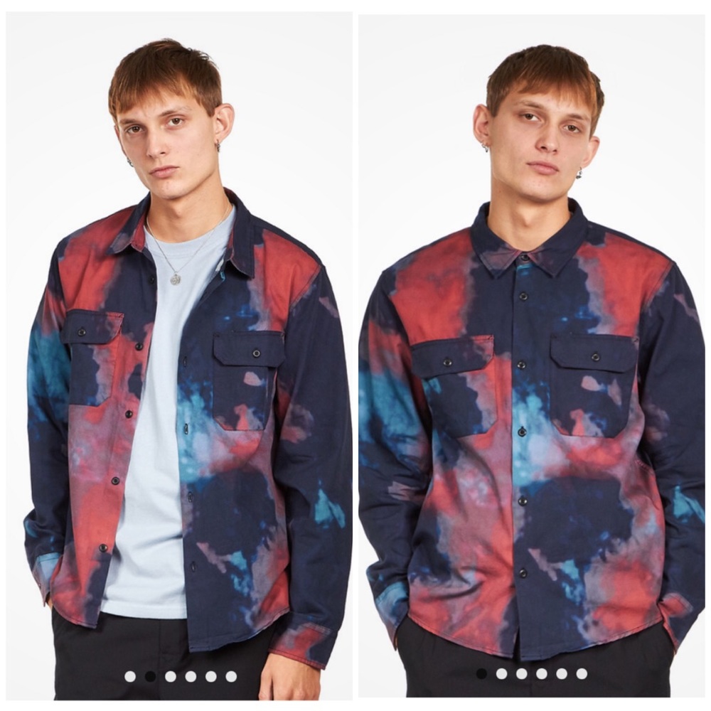 Stussy Navy & Red Tie-Dye Long Sleeve Button-Up Shirt